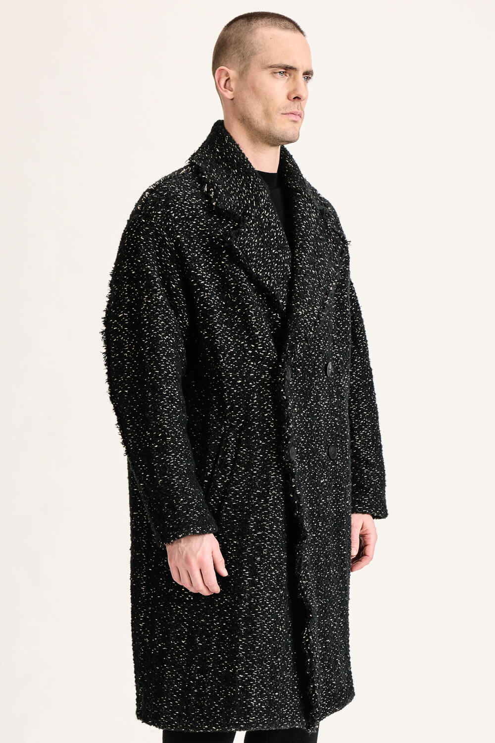 Wool/Alpaca/Linen Double-Breasted Knit Overcoat Black