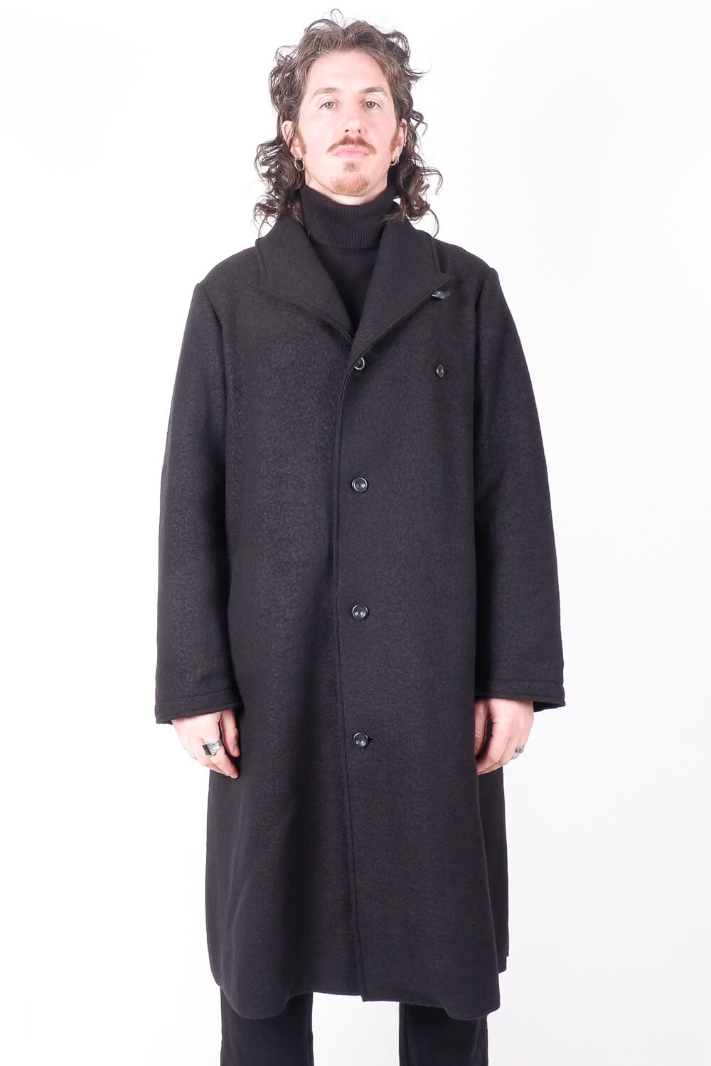 Wool Button-up Long Coat Black