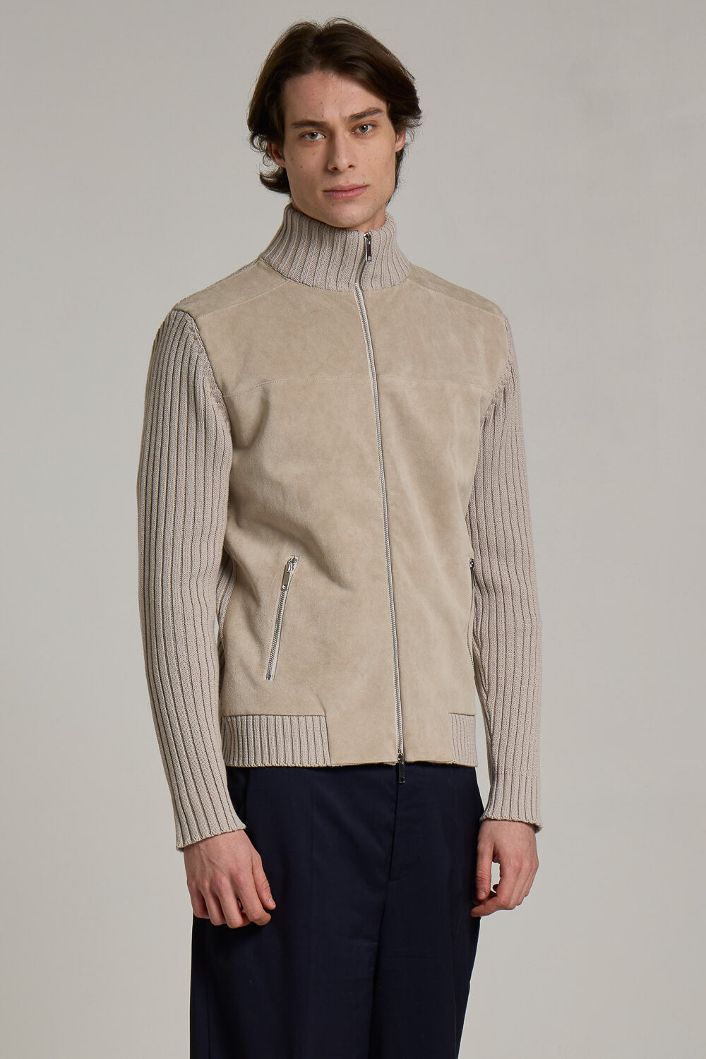 Zip-Up Suede Lana Merino Wool Bomber Jacket Light Grey