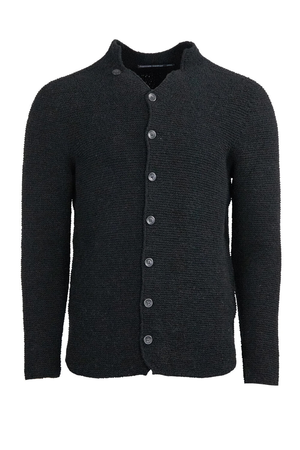 Raw Neck Button-Up Wool Cardigan Black