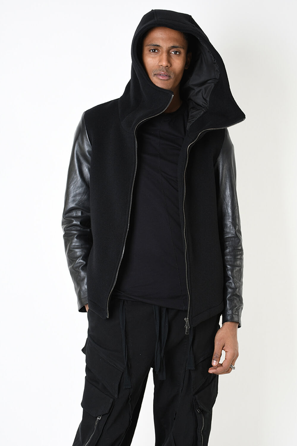 Wool/Leather Sleeve Jacket Black