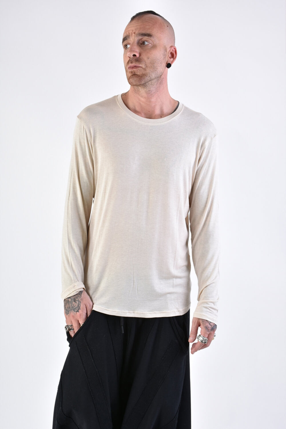 L/S Regular Fit Viscose/Silk T-Shirt Beige