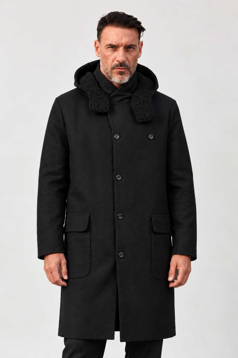 Heavy German Cotton Long Button-Up Parka Jacket Black