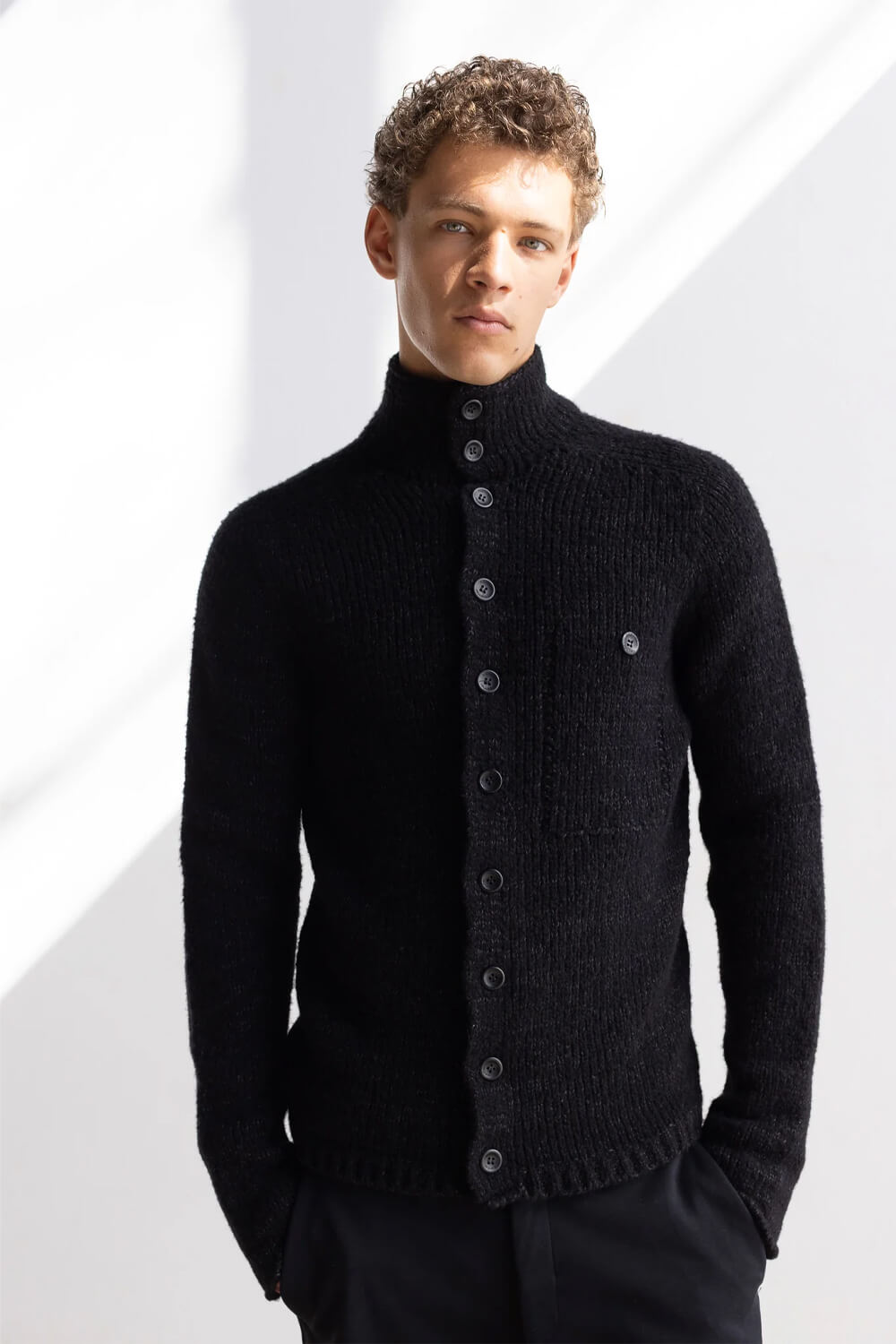 Alpaca Virgin Wool Button-Up Cardigan Black