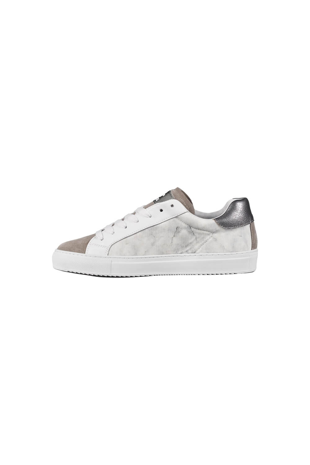 Suede Leather Hologram  Logo Low Top City Sneaker Taupe/White/Grey
