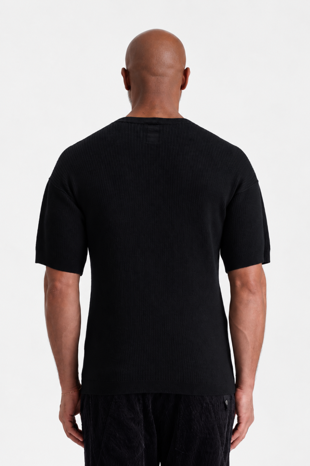 Virgin Wool Ribbed Round Neck T-Shirt W/ Neck Stitch Detail Black