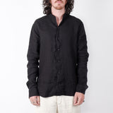 Open Collar Linen Shirt Black