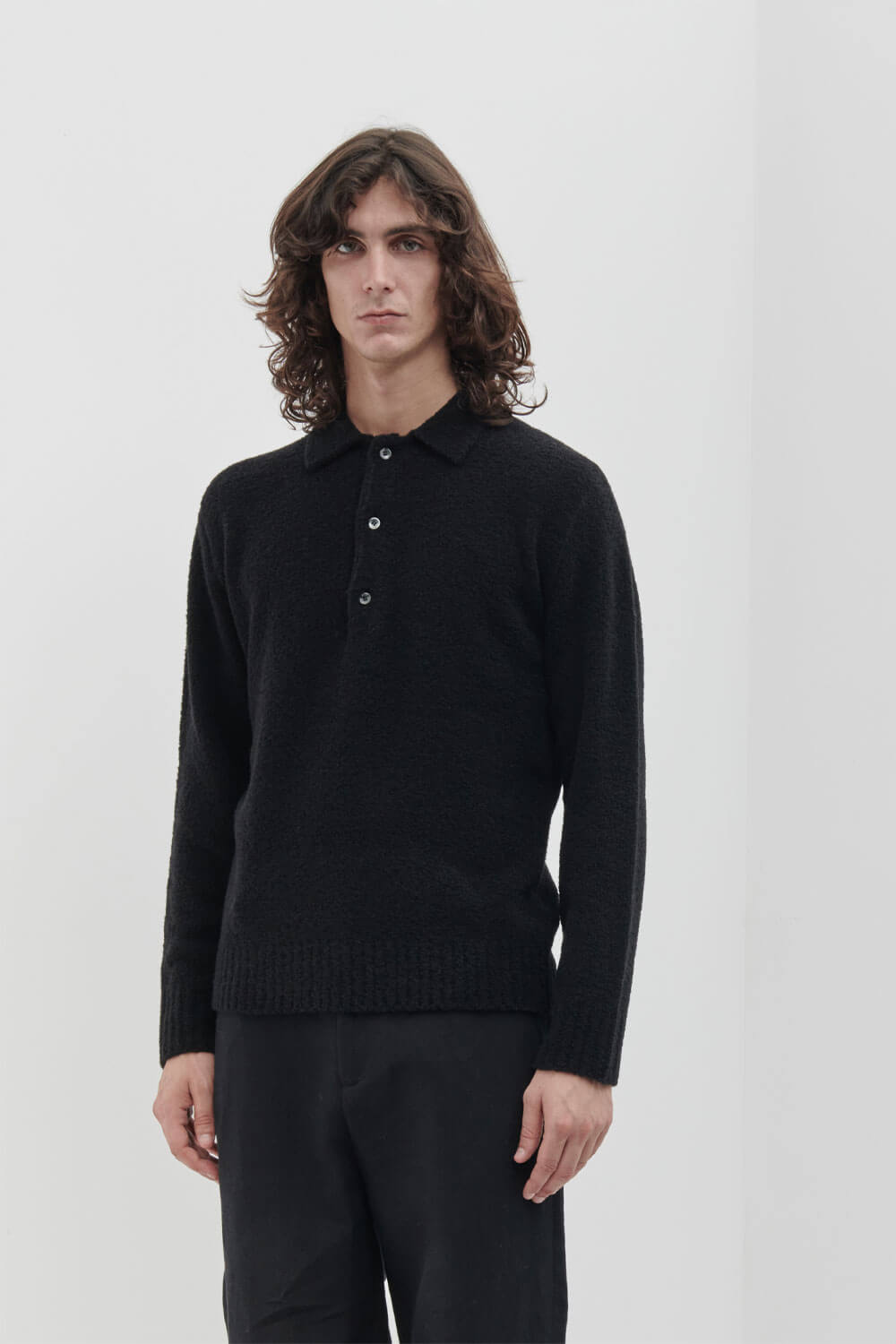 Boiled Wool L/S Polo Black