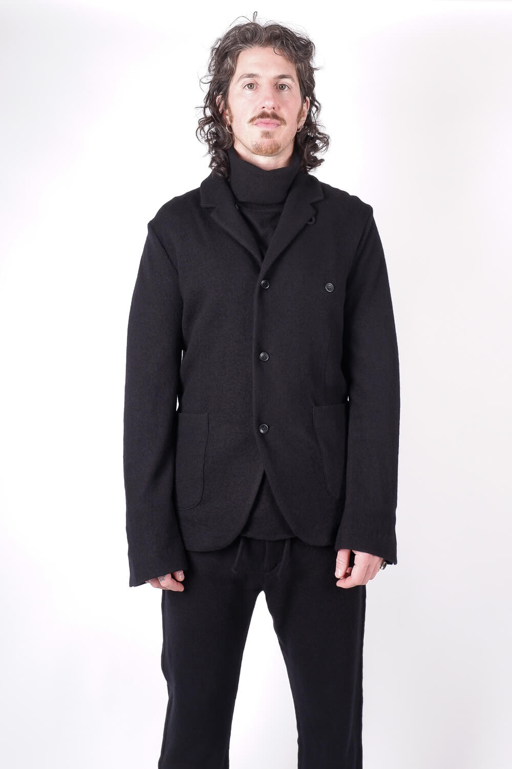 Boiled Wool Button-Up Blazer Black