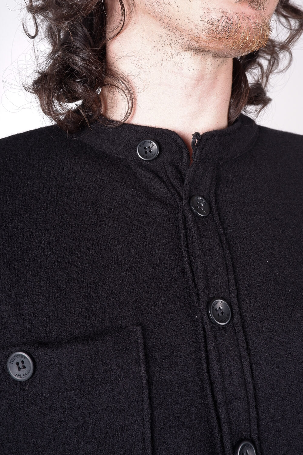 Boiled Wool Button-Up Shirt Black