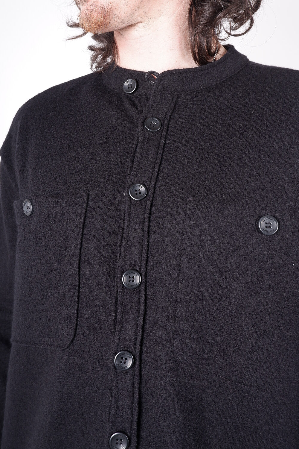 Boiled Wool Button-Up Shirt Black