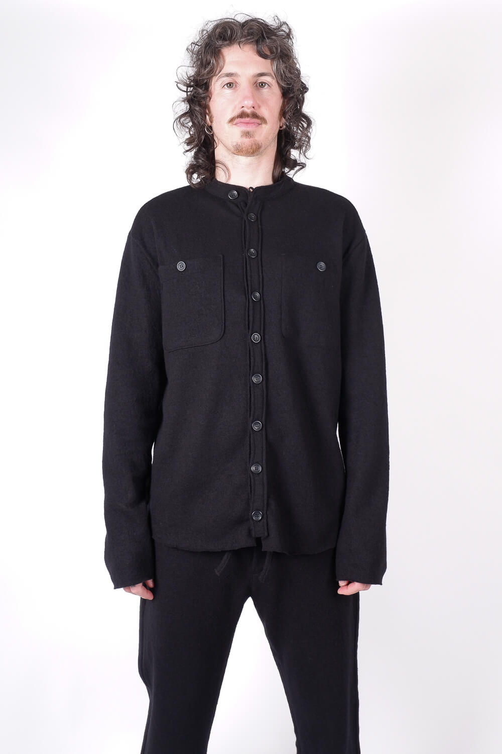 Boiled Wool Button-Up Shirt Black