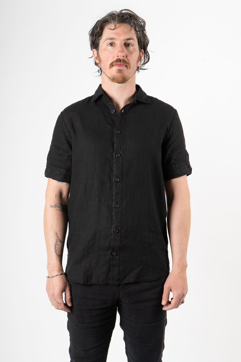 Button-Up Short Sleeved Linen Shirt Black