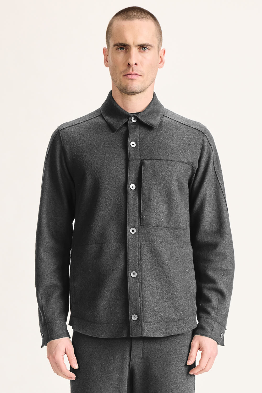 Button-Up Virgin Wool W/ Zipped Chest Detail Overshirt Charcoal
