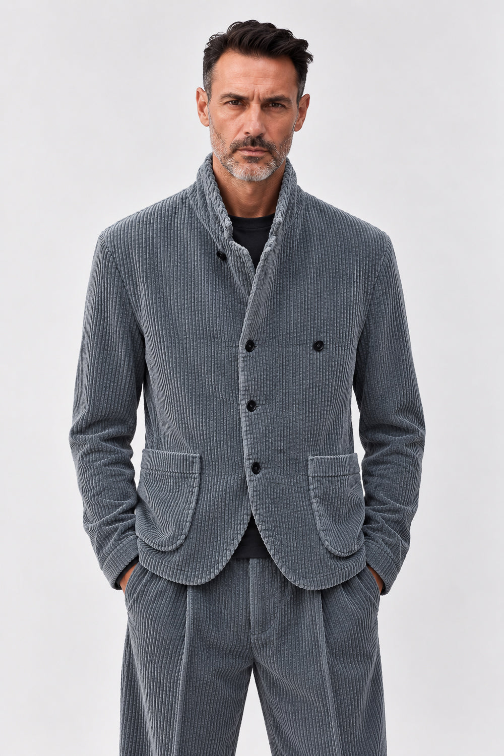 Button-Up Corduroy Blazer Jacket Steel Grey