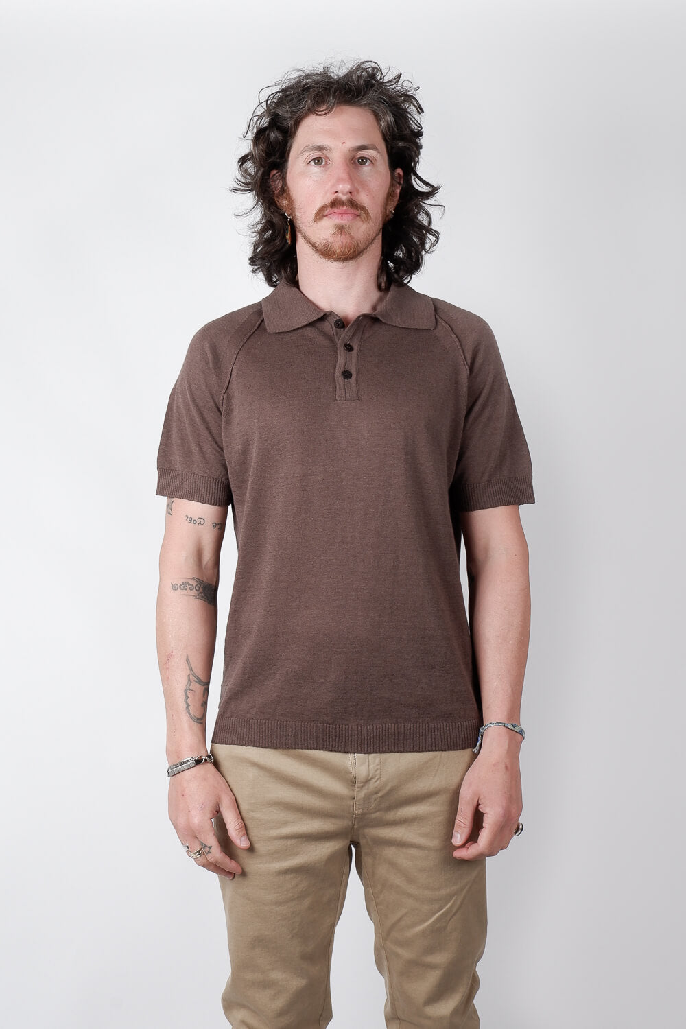 Button Up Linen Polo Brown