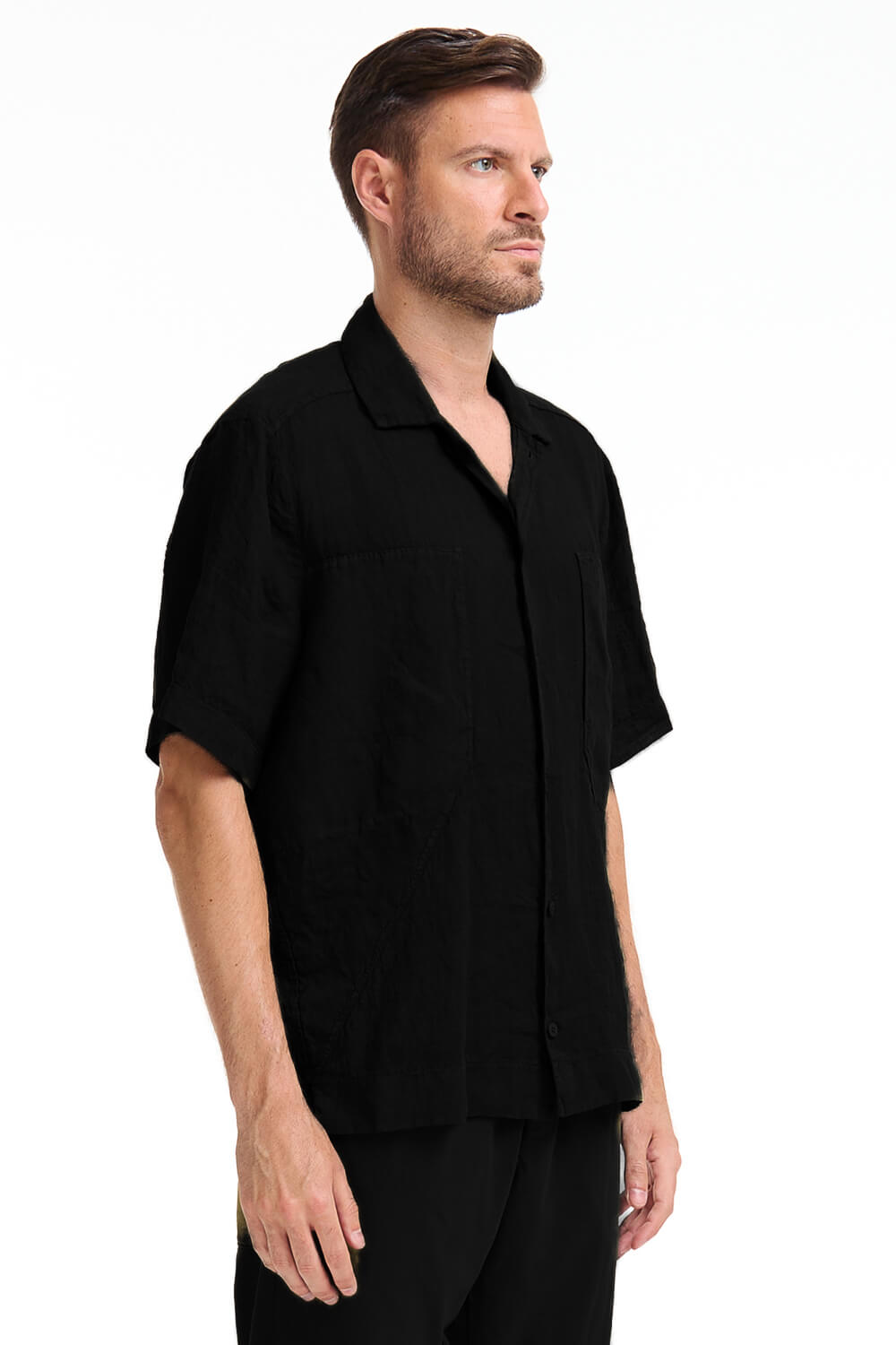 Front Pocket S/S Linen Shirt Black