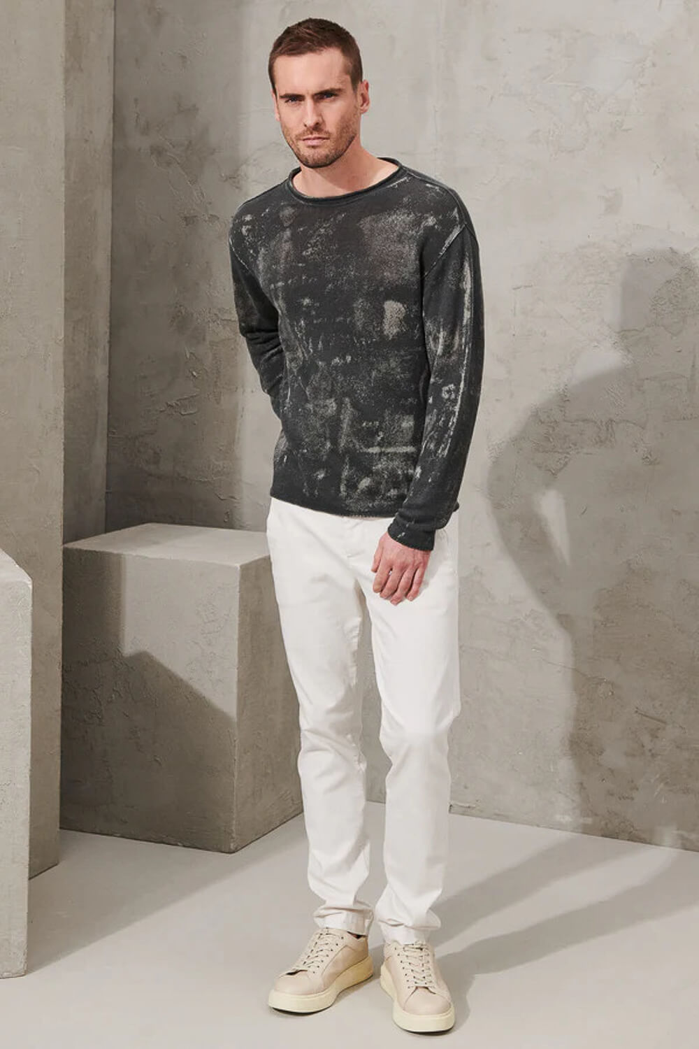 Sponged Effect Cotton/linen L/S T-Shirt Charcoal