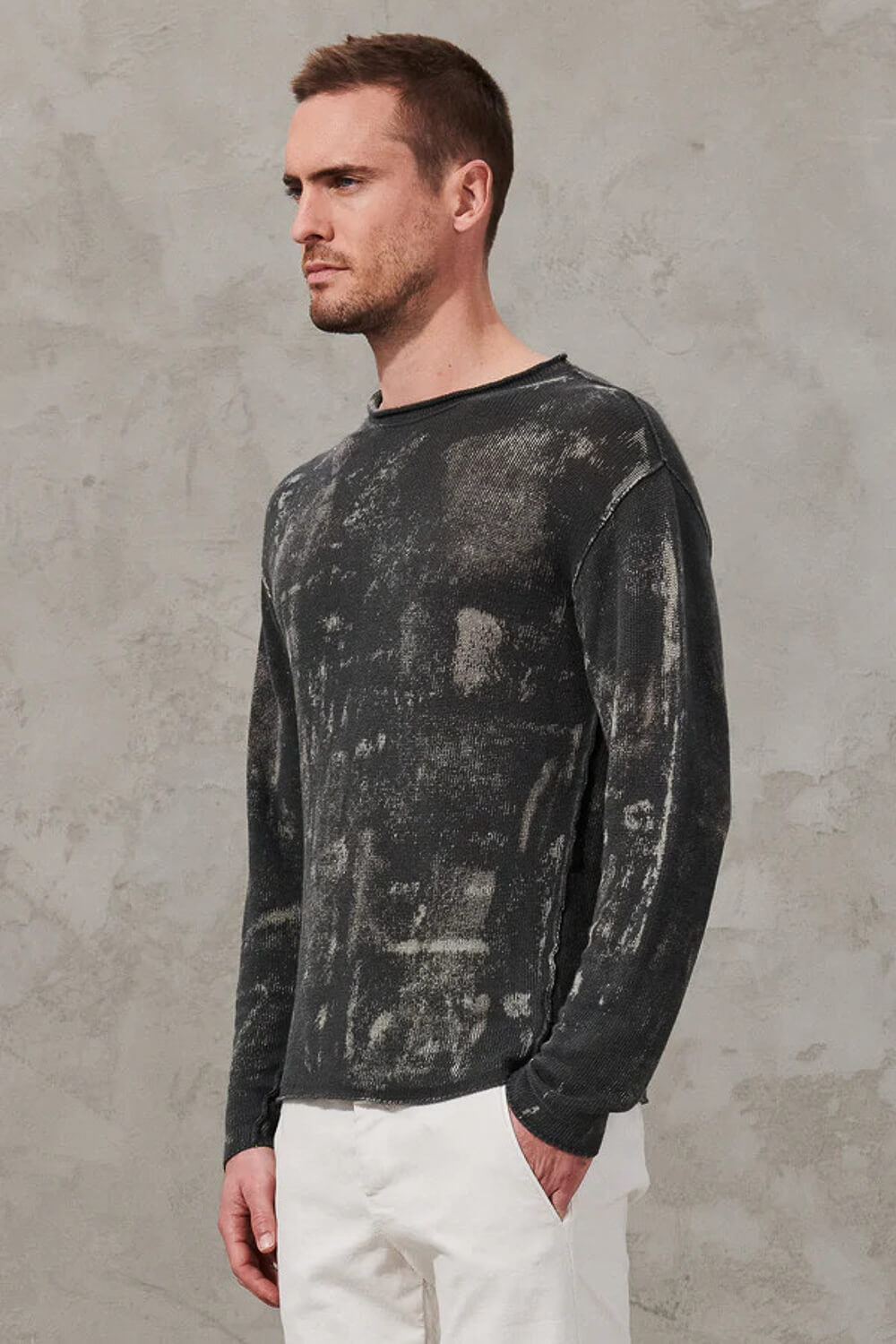 Sponged Effect Cotton/linen L/S T-Shirt Charcoal