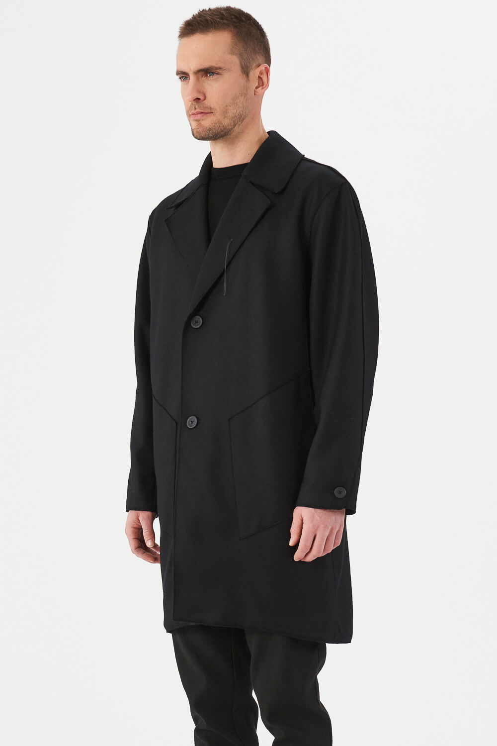 Relaxed Fit Raw Cut Wool W/ Cashmere Touch Coat Black