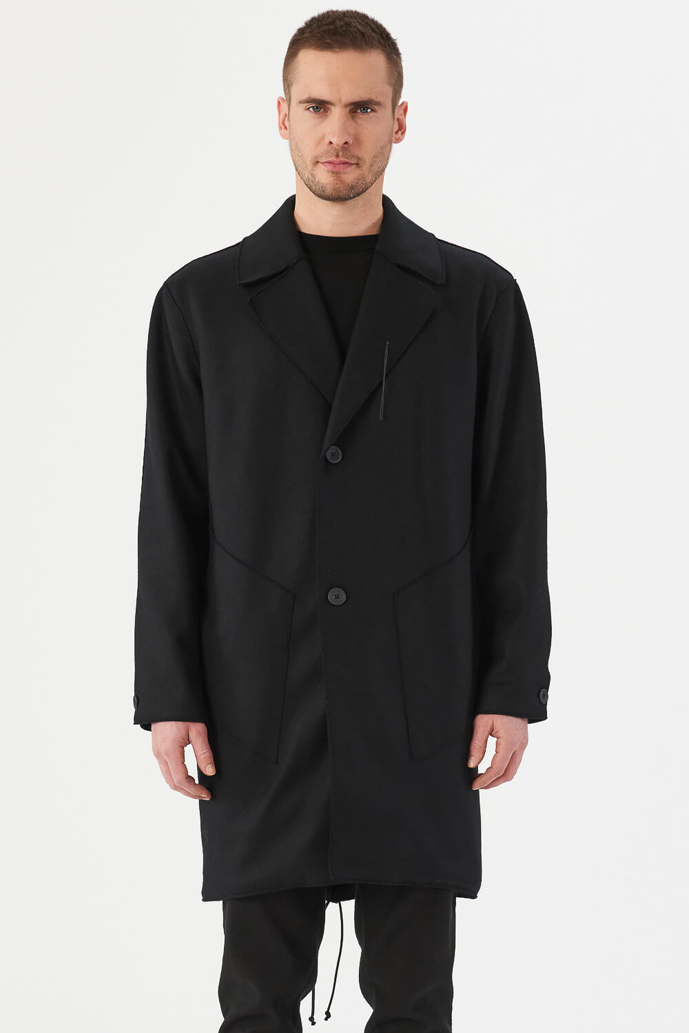 Relaxed Fit Raw Cut Wool W/ Cashmere Touch Coat Black