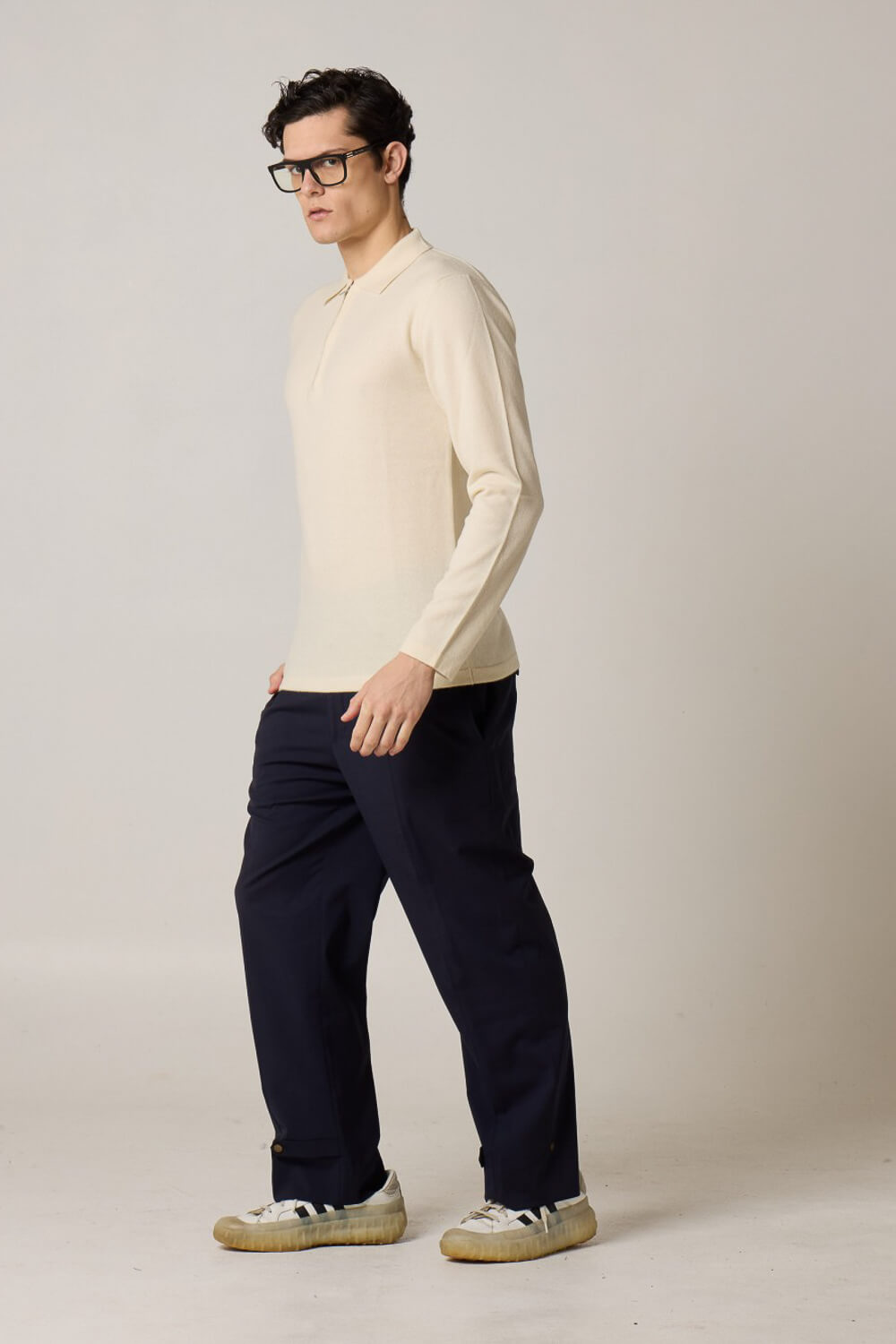 Cashmere Blend Half-Zip L/S Polo Cream