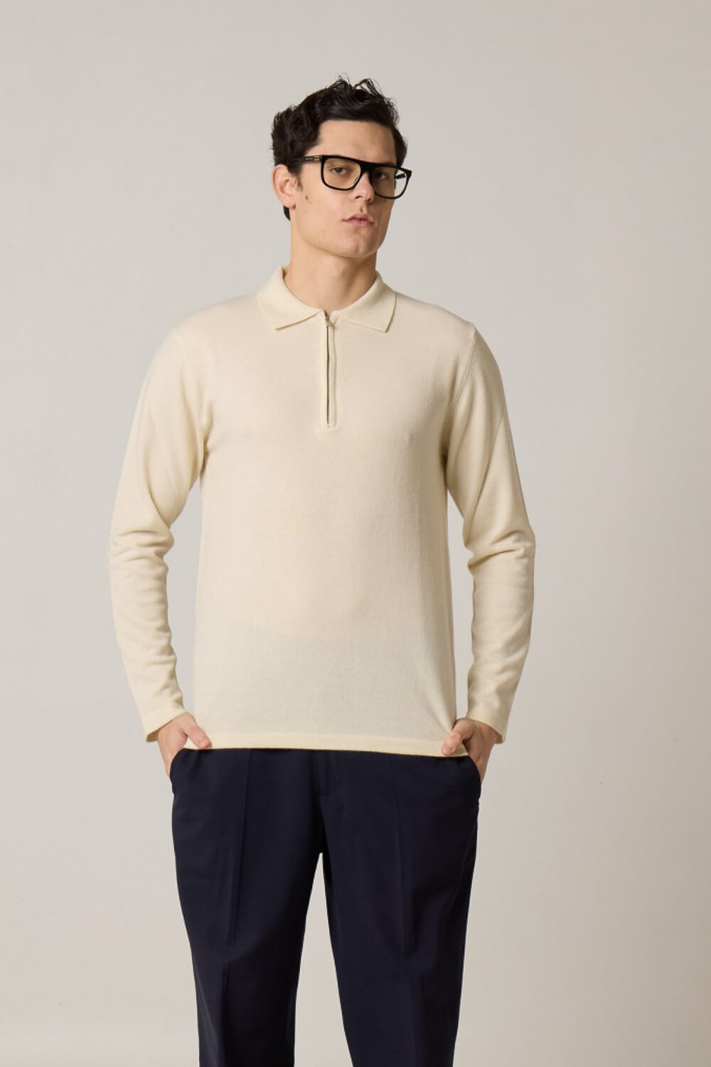 Cashmere Blend Half-Zip L/S Polo Cream