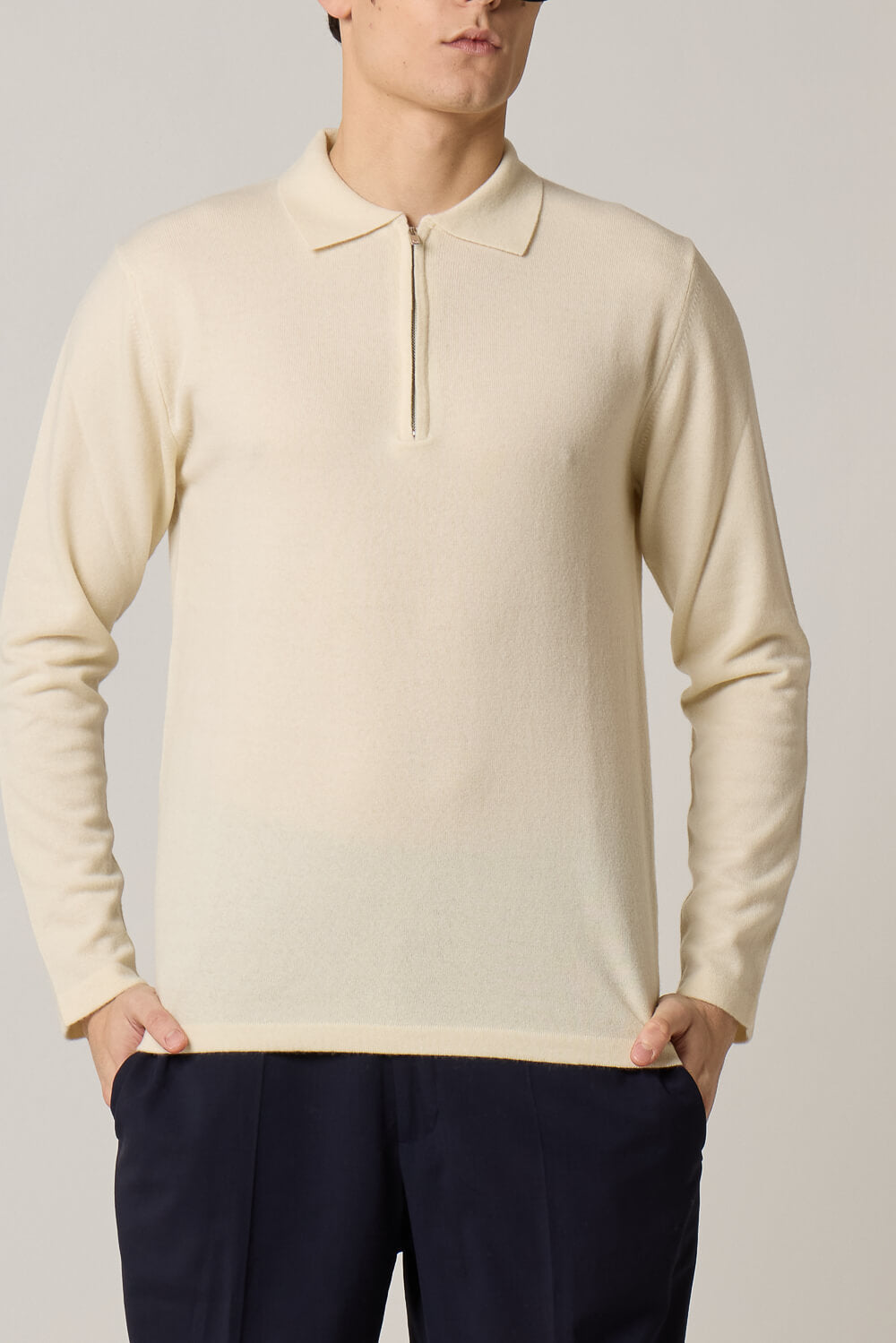 Cashmere Blend Half-Zip L/S Polo Cream