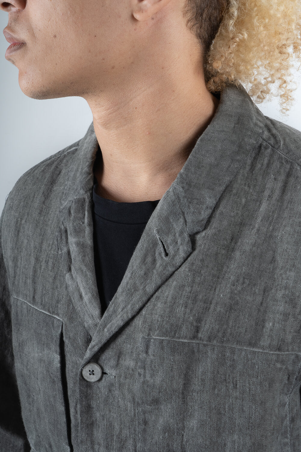 Cold-Dye Button-Up Linen Blazer Grey