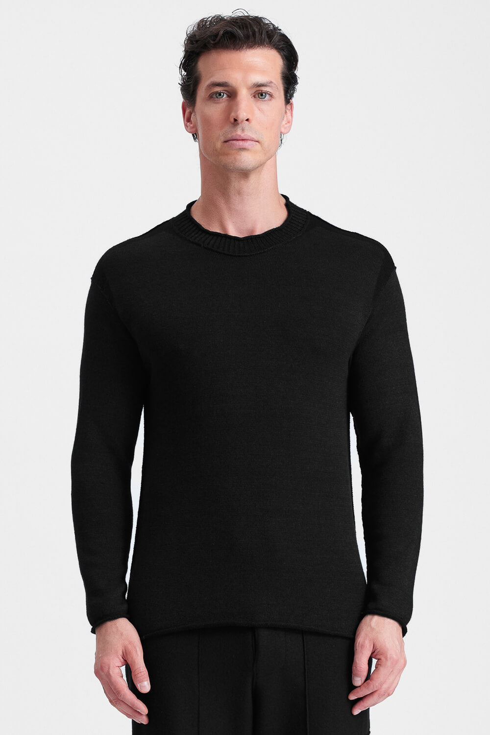 Contrast Insert Virgin Wool/Linen Turtle Neck Jumper Black