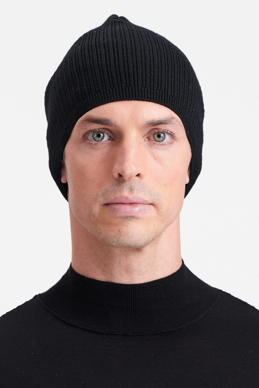 Contrast Stitch Ribbed Wool Beanie Black
