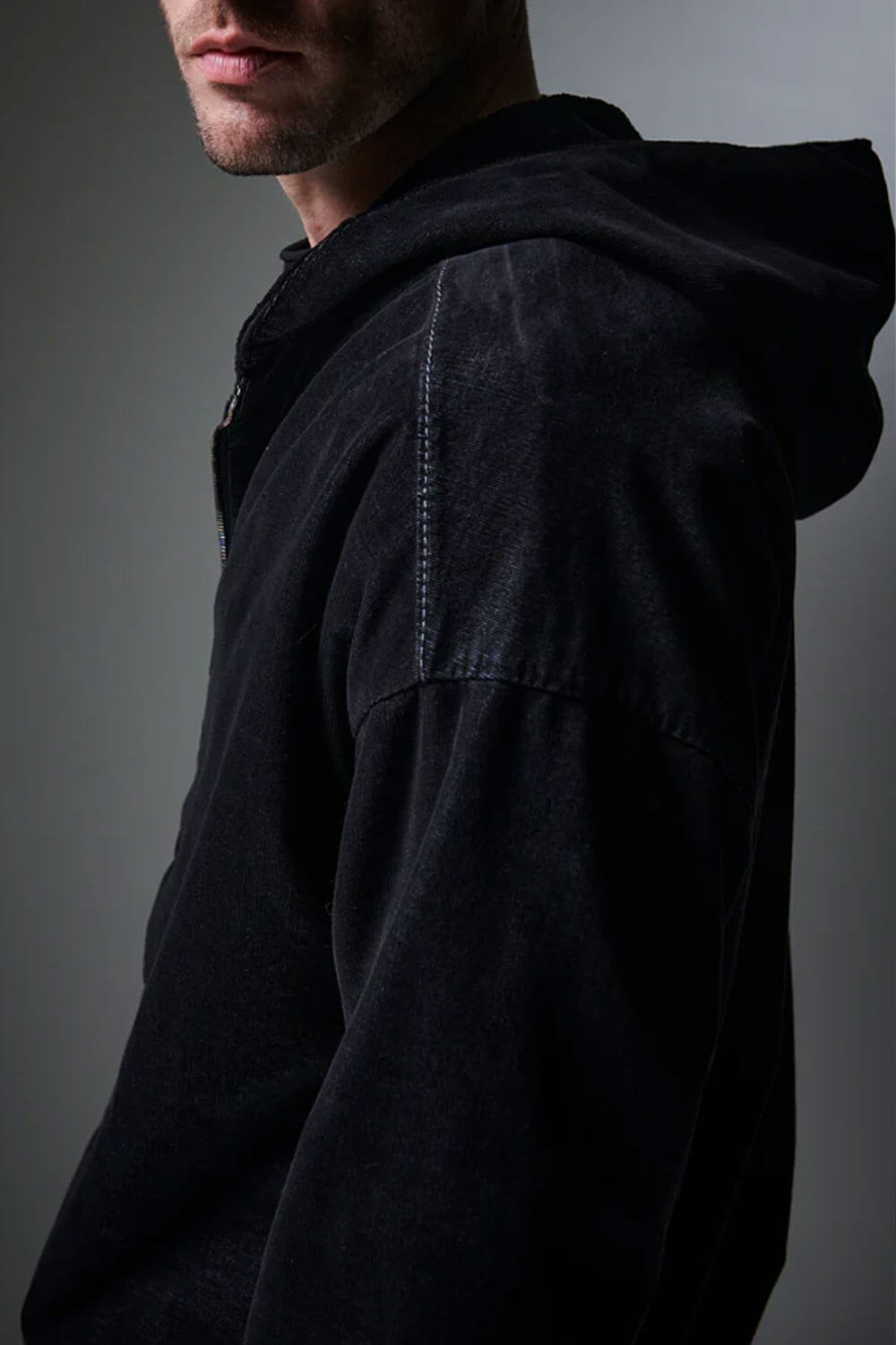 Reversible Corduroy/Cotton Blend Zip-Up Jacket Black