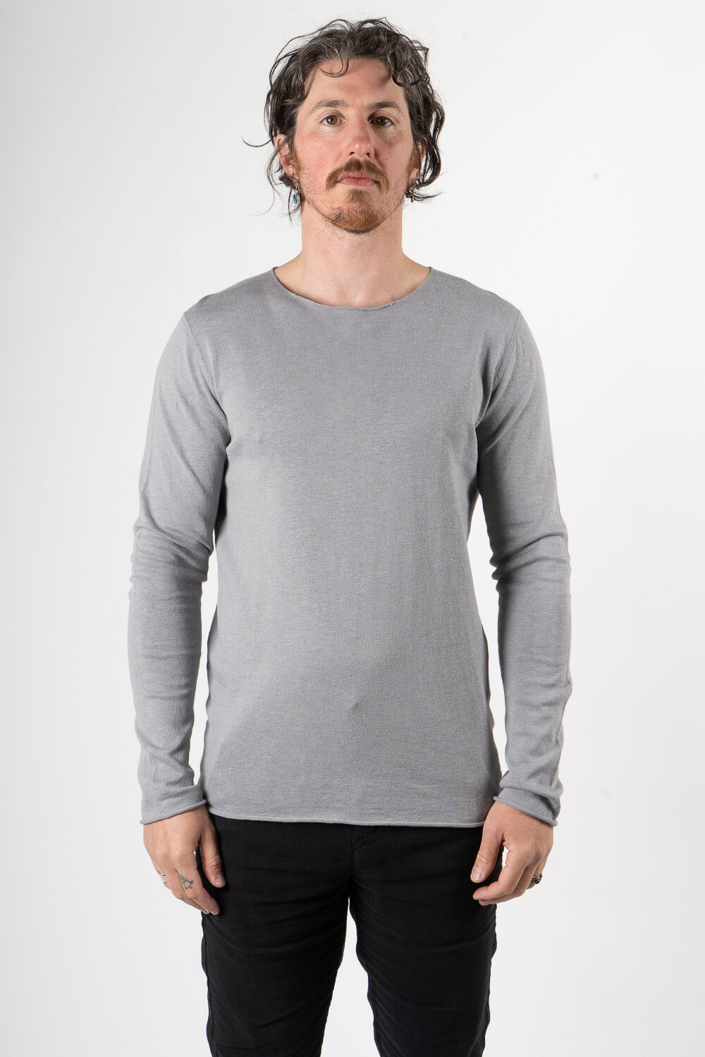 Cotton/Linen Raw Neck L/S T-Shirt Grey