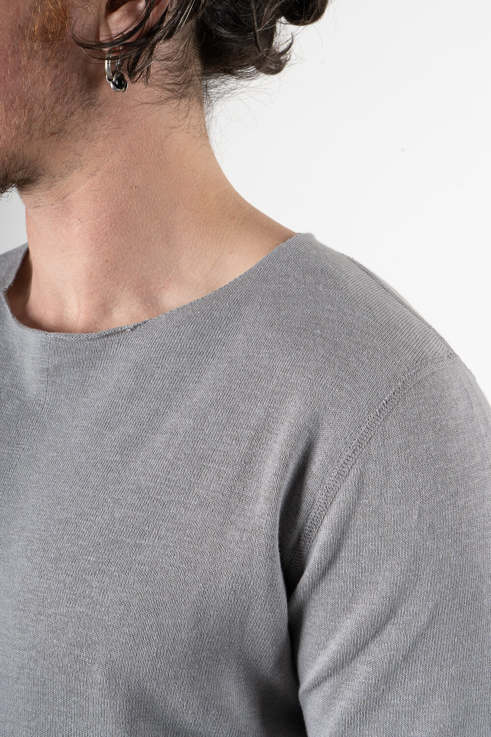 Cotton/Linen Raw Neck L/S T-Shirt Grey