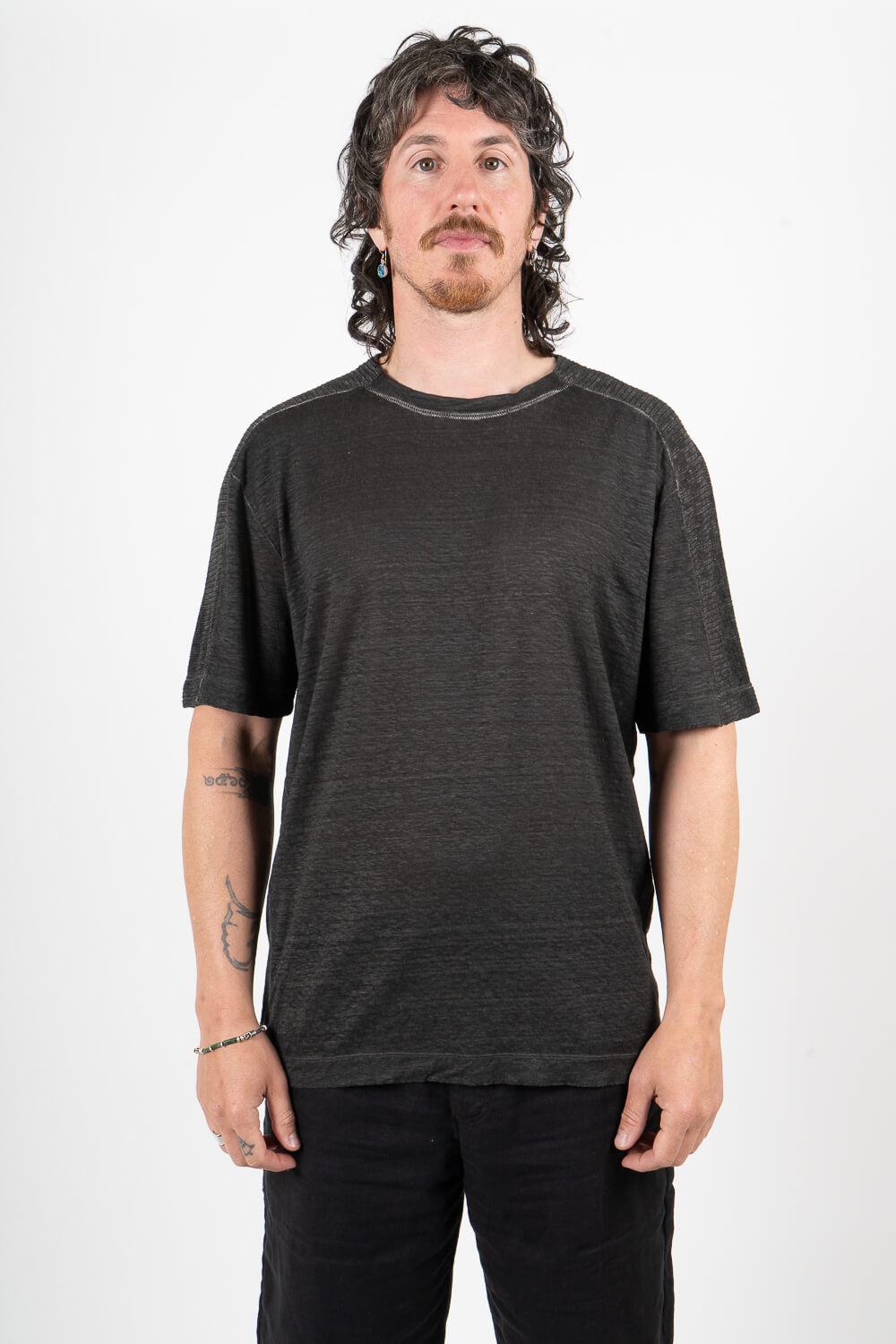 Cotton/Linen Shoulder Detail Inserts T-Shirt Charcoal