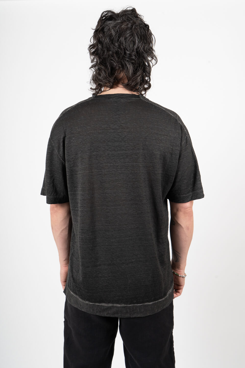 Cotton/Linen Shoulder Detail Inserts T-Shirt Charcoal