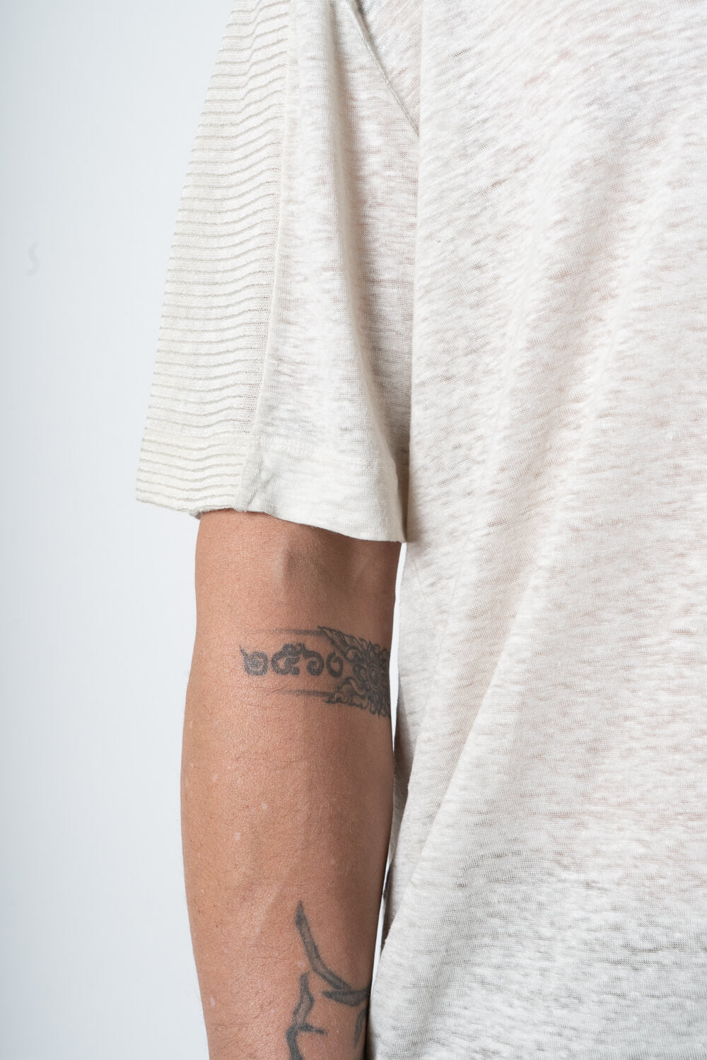 Cotton/Linen Shoulder Detail Inserts T-Shirt Stone