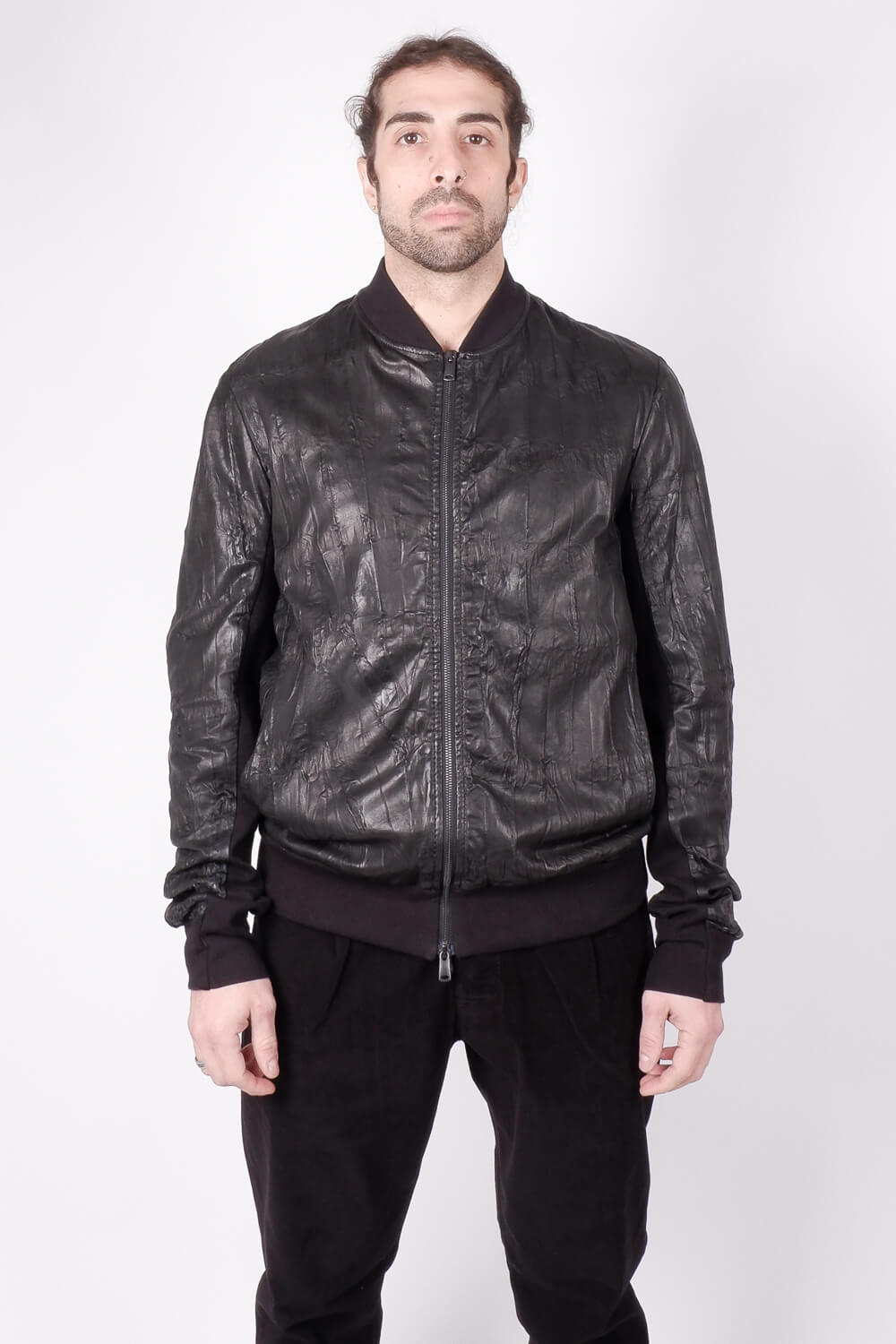 Italian Crinkle Leather/Cotton Jacket Black