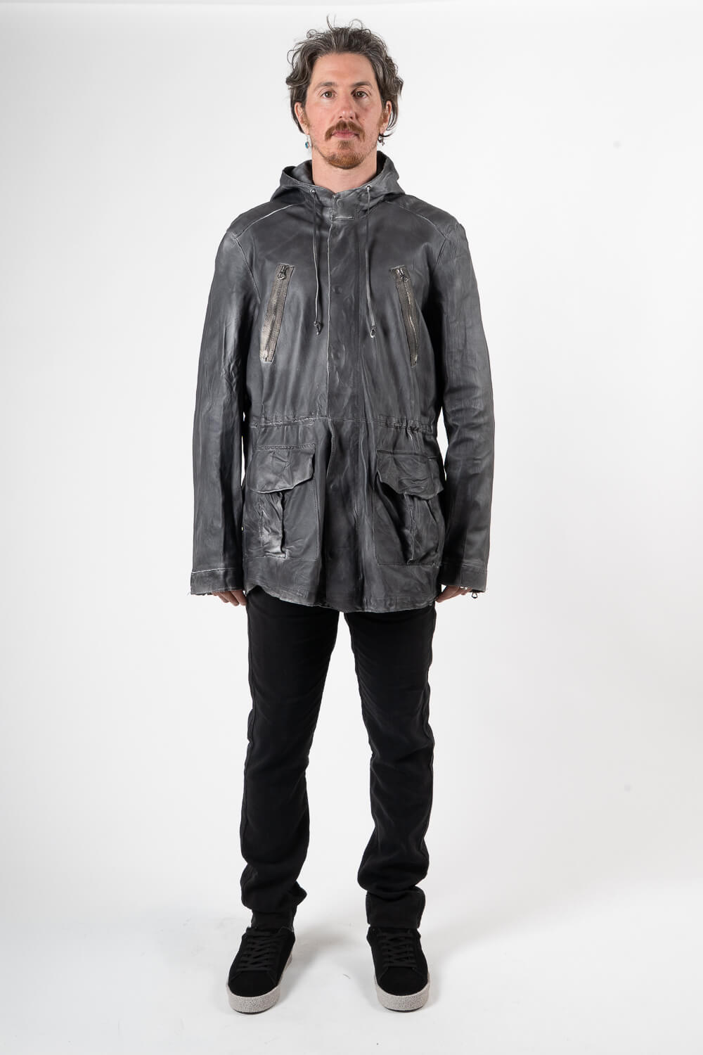 Distressed Effect Tuscan Lamb Leather Parka Jacket Charcoal