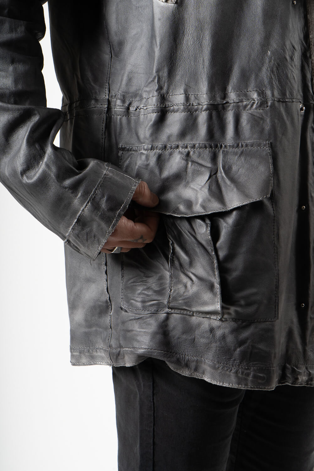 Distressed Effect Tuscan Lamb Leather Parka Jacket Charcoal