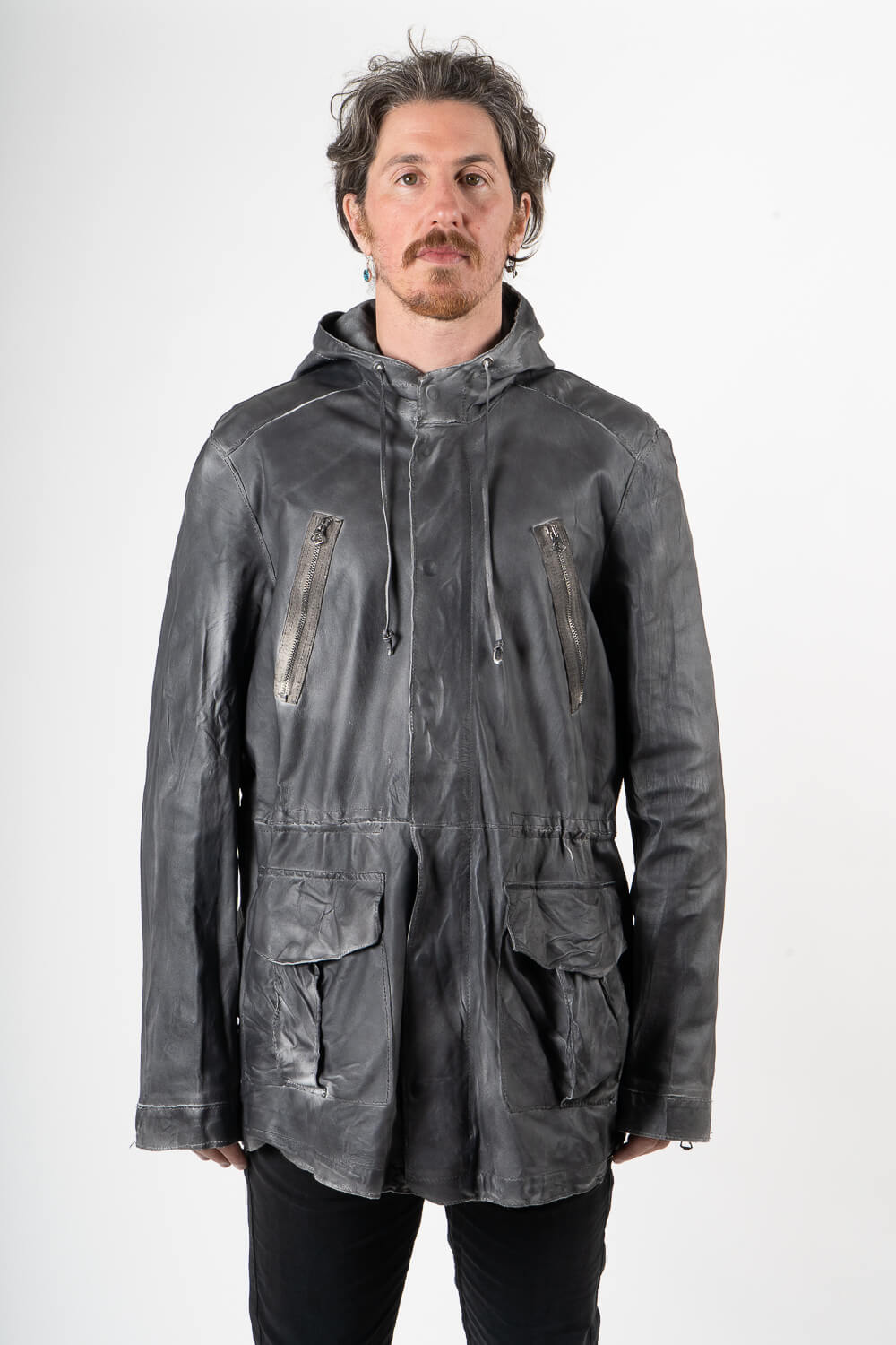 Distressed Effect Tuscan Lamb Leather Parka Jacket Charcoal