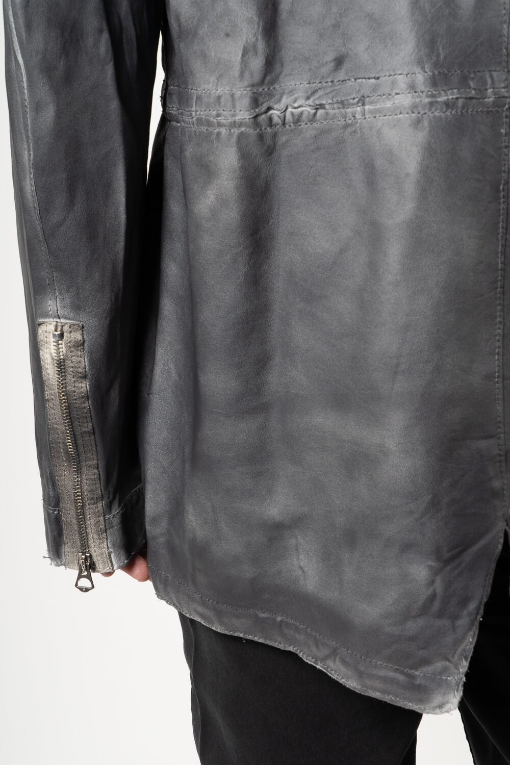 Distressed Effect Tuscan Lamb Leather Parka Jacket Charcoal
