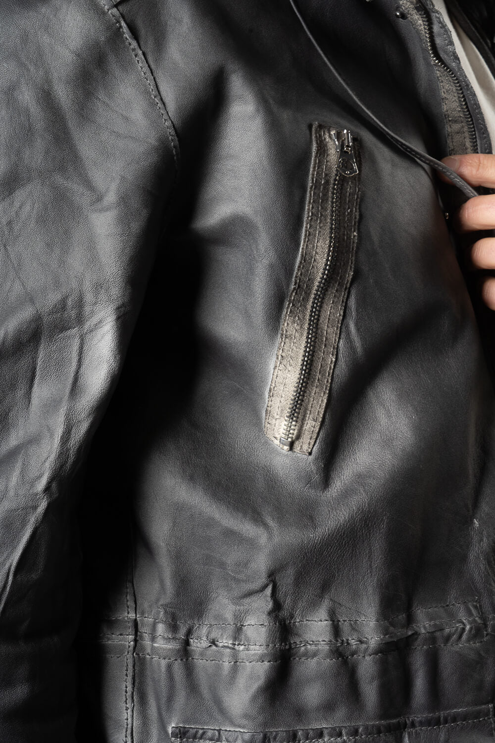 Distressed Effect Tuscan Lamb Leather Parka Jacket Charcoal