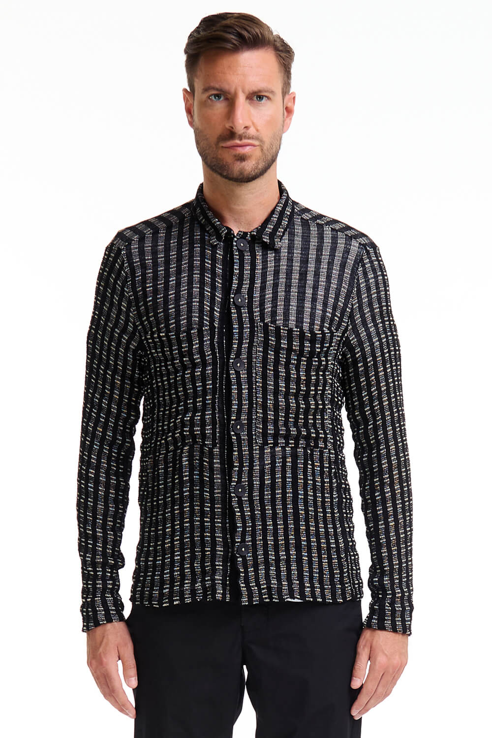 Front Pocket Linen/Cotton Blend Button-Up Shirt Black