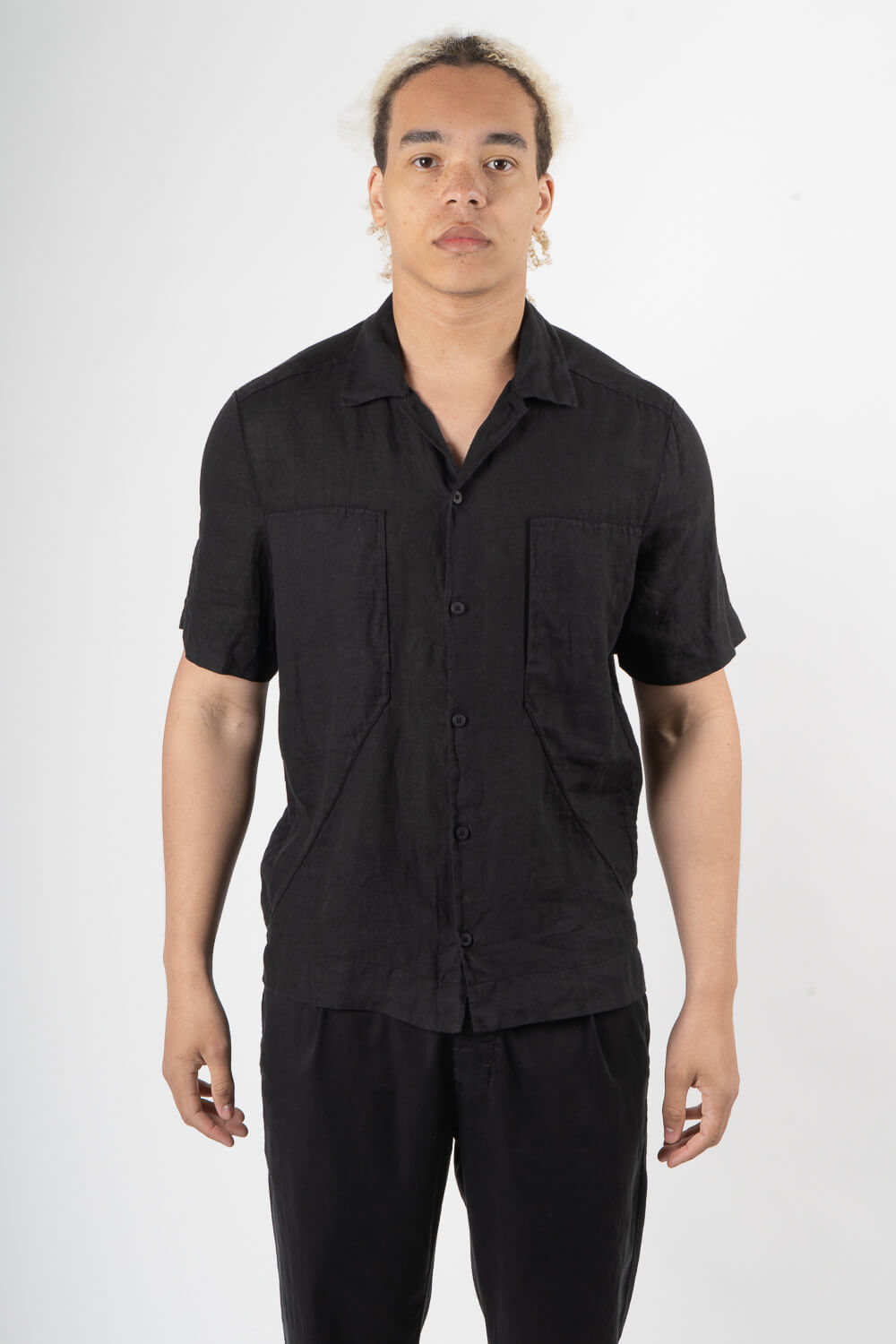 Front Pocket S/S Linen Shirt Black