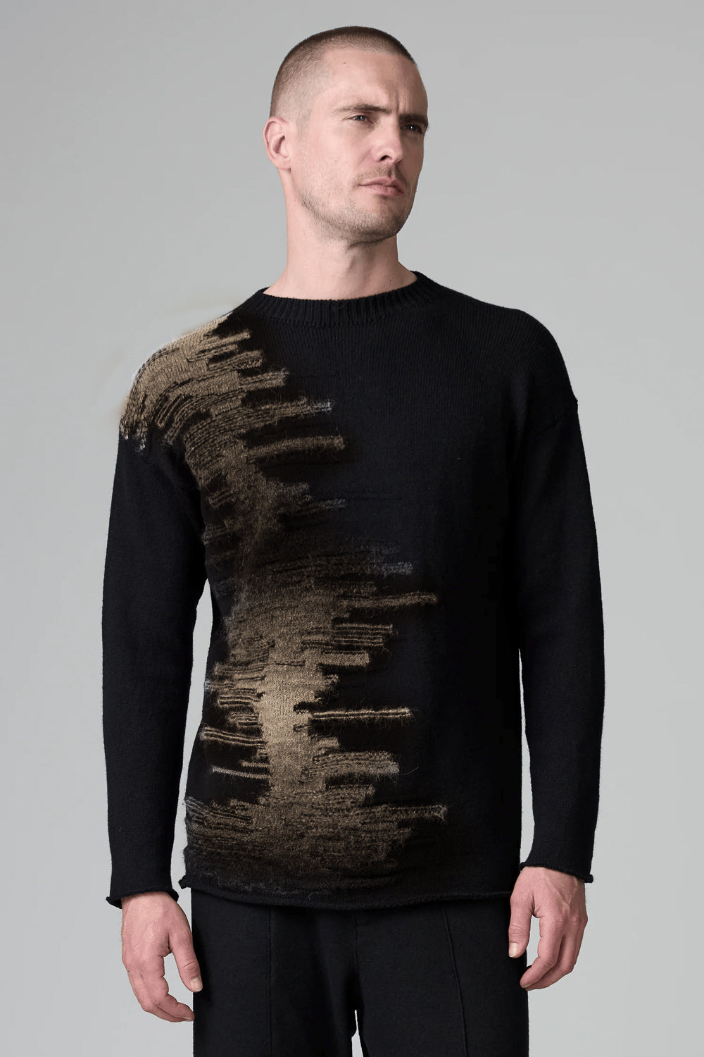 Front Intarsia Alpaca Wool Sweater Black/Camel