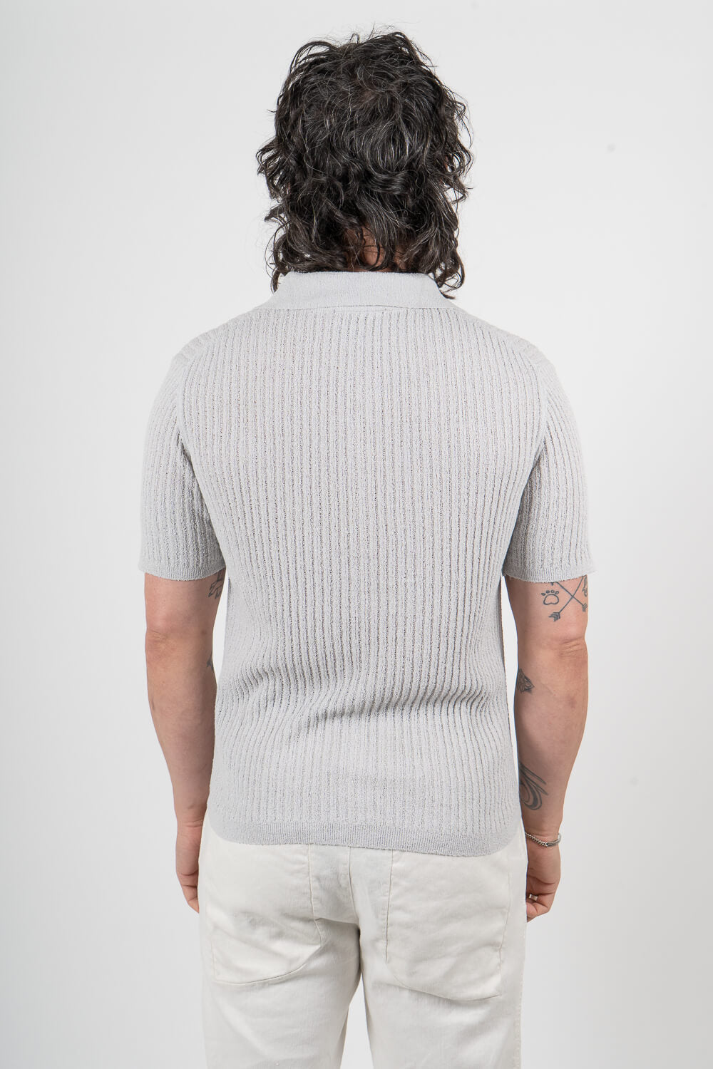 Full Button-Up Textured Cotton Shirt Light Grey