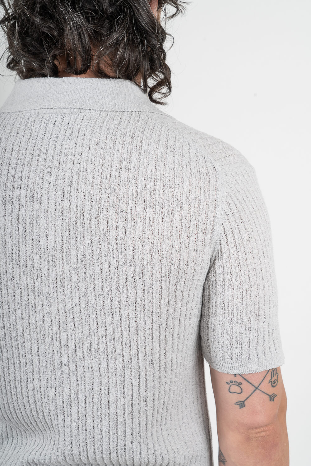 Full Button-Up Textured Cotton Shirt Light Grey