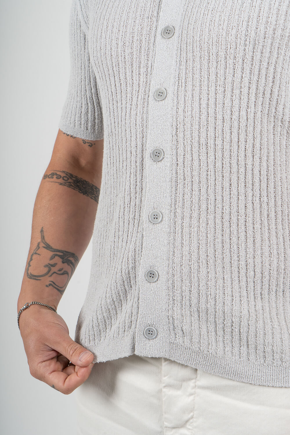 Full Button-Up Textured Cotton Shirt Light Grey