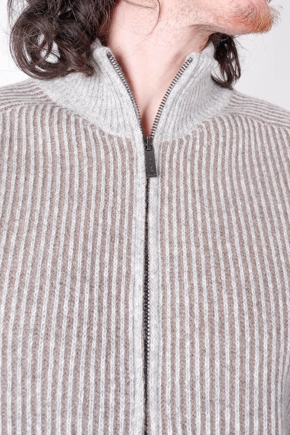 Full Zip-Up Ribbed Knit Grey